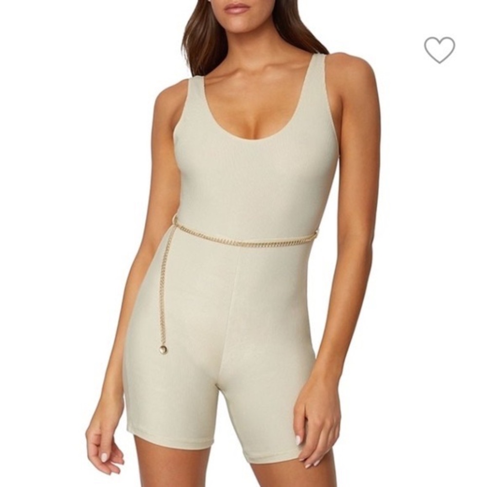 We Wore What Tan Ribbed Bodysuit With Chain - Size XS